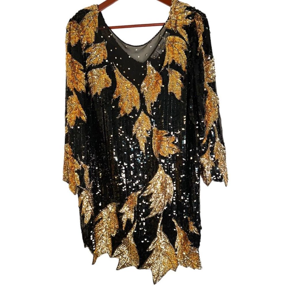 Oleg Cassini Rare Womens XL 100% Silk Vintage All Over Sequin Embellished Dress